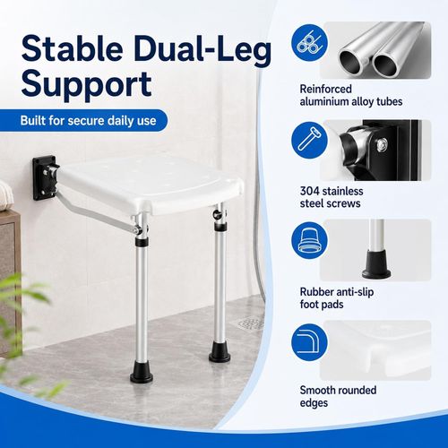 Wall Mounted Folding Shower Seat Adjustable Bath Stool Non Slip Support Legs — image 7