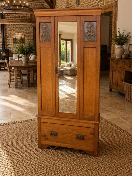 Antique Solid Oak Arts And Crafts Wardrobe With Mirror And Copper Panels