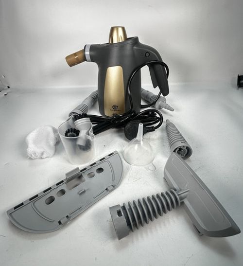 Superlex Handheld Steam Cleaner Grey/Gold with Hose, Nozzles, Brush, Cup, Cloth