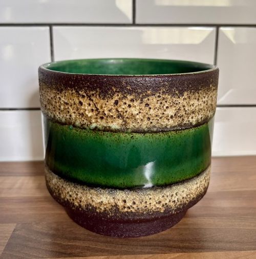 Vintage Retro West German Plant Pot Planter Green Brown Fat Lava 13cm x 15cm