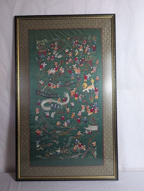 Large Framed Chinese Silk Embroidery Needlework Tapestry Textile Wall Panel