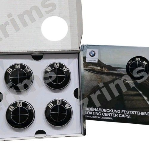 BMW 68mm Floating Wheel Centre Caps Set of 4 Self Levelling Hub Caps Black & Wh