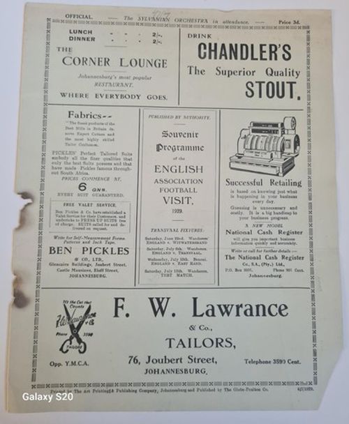 VERY RARE Football Match Programme - 1929 Transvaal v England