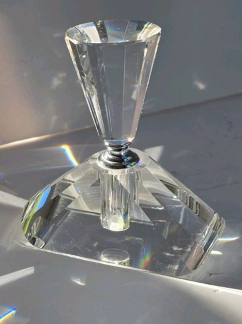 MCM Art Deco Style Cut Crystal Pyramid Triangular Perfume Bottle + Glass Stopper