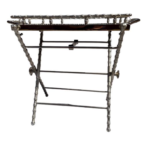 Mid-Century Mirrored Faux Bamboo Serving Table Silver Tone French Vintage 1960s — image 9