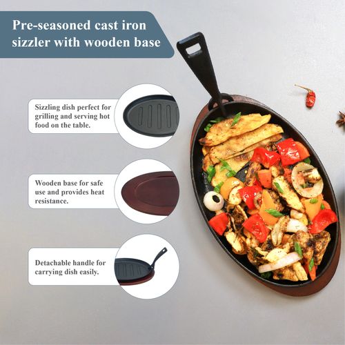 Buckingham Cast Iron Sizzler Plate 28cm Steak Grill Platter Wooden Serving Tray — image 3