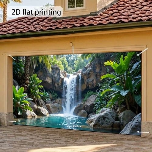 Tropical Green Plant Waterfall Garage Door Banner Fabric Party Backdrop BH