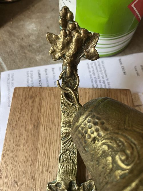 Antique Wall Mounted Cast Brass Bell Mounted On Oak Plinth — image 11