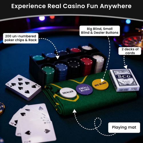 200 Poker Game Texas Hold'em Set Gaming Mat Chips 2 Decks Playing Card With Box — image 8