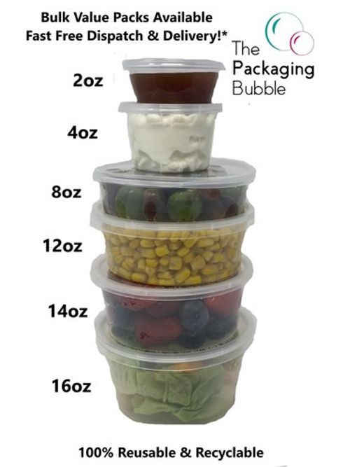 Round Food Containers Clear Tubs & Lids Deli Pots Sauce Dip Plastic Reuse Sturdy