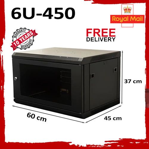 6U 19" Black Network Cabinet Data Comms Wall Rack, Patch Panel, Switch, PDU LAN.