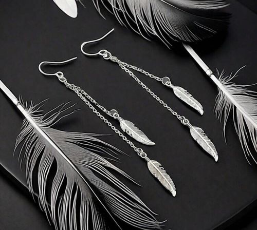 Long Silver Feather earrings - drop dangle earrings  - 925 Sterling Silver — image 3