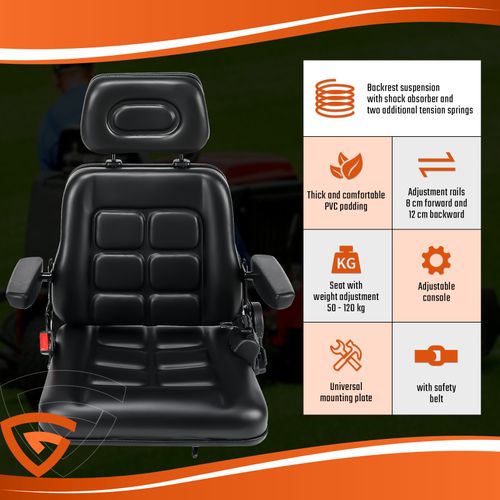 Universal Forklift Seat, Tractor Seat Fold Down with Armrest Headrest Seatbelt — image 7