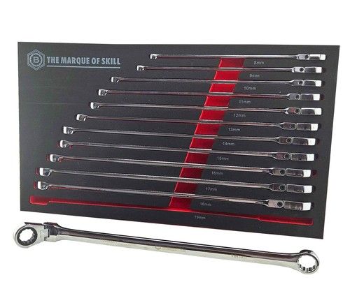 Britool Hallmark 12pc Extra Long Flexi Ratchet Spanner Set 8-19mm EVA