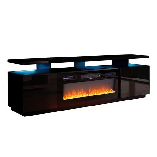 70inch Gloss Black TVs Stand Unit Cabinet with Electric Fireplace & 12 LED Light — image 6