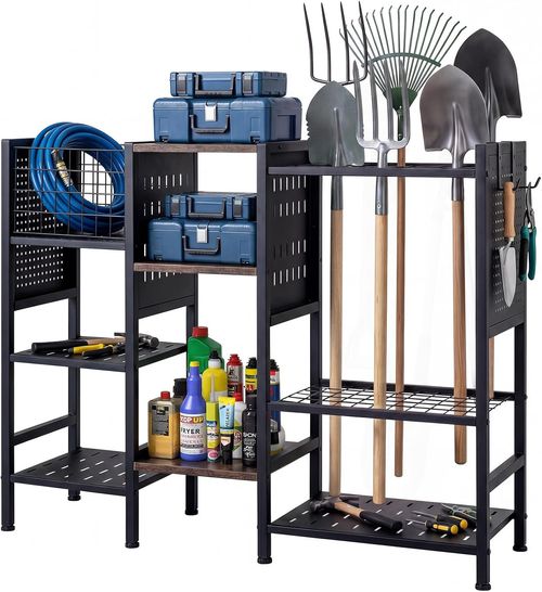 Garden Tool Storage Rack, 3 Tier Metal Yard Tool Organizer with Wooden Shelves, — image 11