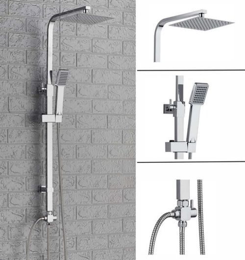 Shower Kit Twin Head Chrome Square Fixed Head Riser Rail With Bath Mixer Tap Set