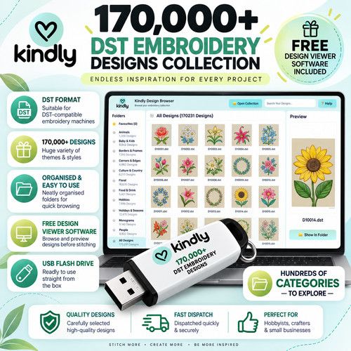 170,000+ DST Embroidery Designs USB Collection | FREE Design Viewer Plug & Play
