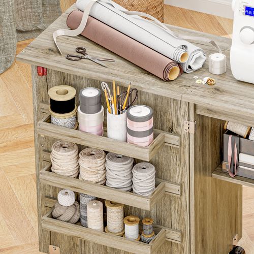 HOMCOM Folding Sewing Table Rolling Craft Table with Drop Leaf Wheels Grey — image 9