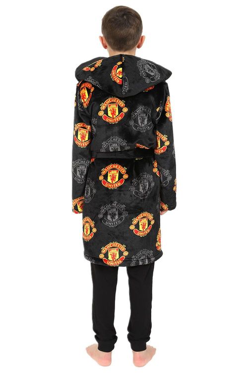 Boys Manchester United FC Official Dressing Gown Fleece Hooded Kids Robe Black — image 4