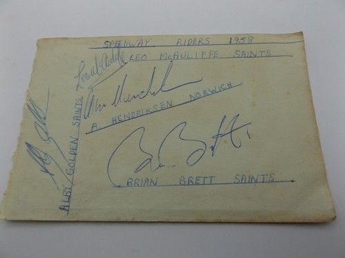 HAND SIGNED 6" x 4" AUTOGRAPH BOOK PAGE - 1950s SPEEDWAY GOLDEN HENDRIKSEN BRETT