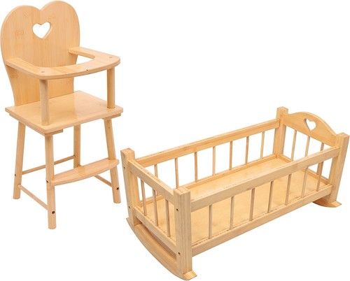 SET OF Dolls Wooden Rocking Cradle Cot Bed and Matching Doll's Feeding High Chai