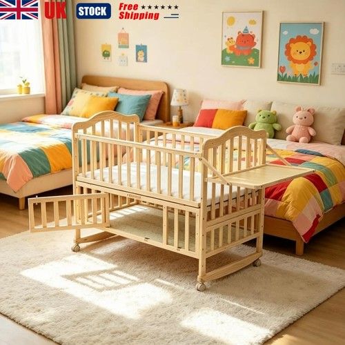 3-in-1 Wooden Baby Cot Bed Natural Pine Small Safe Crib with Mattress UK