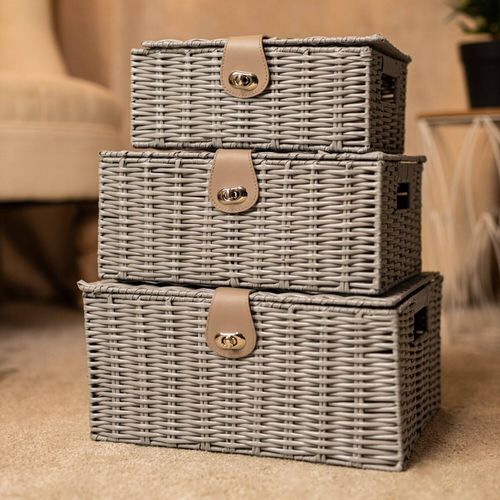 3pc Storage Basket Set - PE Wicker Woven Hamper Box Lid & Lock Stackable Home — image 1