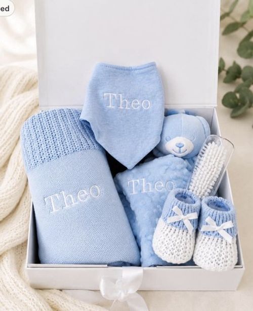 Personalised Baby Boy Gift Set Embroidered Name Blue Newborn Keepsake Box