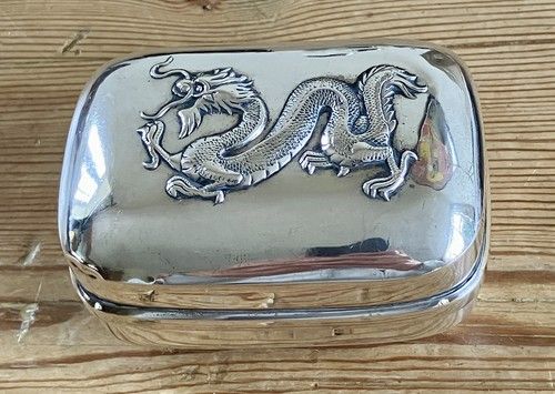 Rare Antique Chinese Export Silver Repousse Dragon Soap Box Lien Hing Circa 1900