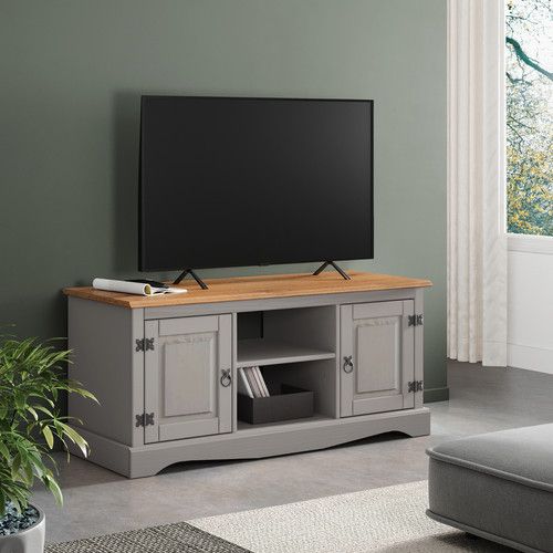 Corona TV Unit Grey Painted 2 Door 1 Shelf Media Stand Solid Wood Pine Wooden
