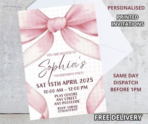 Personalised PRINTED BOW THEME Pink A6 Birthday Party Girly Invitations Invites