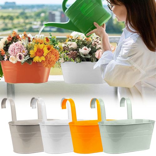 4x Oval Metal Plant Flower Pot Fence Balcony Garden Outdoor Hanging Planter Pots
