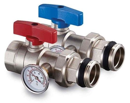 Fastwarm 1" x 1" Isolation/Ball Valve Pair w/Temperature Gauge (Red/Blue Valves)