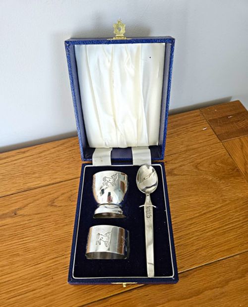 Once Upon A Time 1970s Boxed Christening Set Cup Spoon Napkin Ring