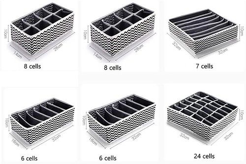 Set of 6, Fabric Foldable Storage Boxes, Drawer Organisers, Wardrobe Dividers 