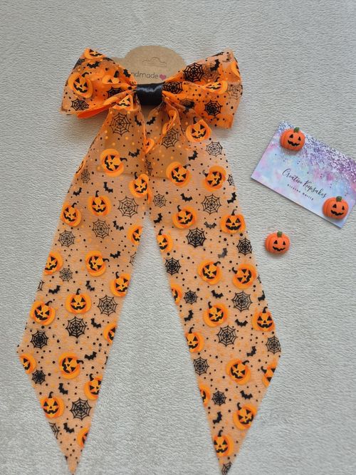 30cm Long Pumpkin Halloween Organza Hair Bow On Alligator Clip — image 2