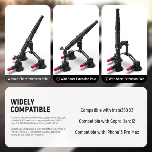 NEEWER Triple 3" Suction Cup Car Mount Quick Release Camera Adapter Arm 1M Stick — image 8