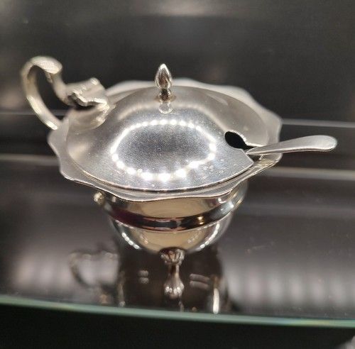 Antique 1922 Birmingham Sterling Silver Mustard Pot AGS Maker – Blue Glass Liner