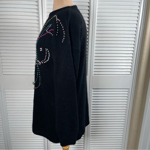 Vintage 80s Amanda Beaded Reindeer Sweater L Silk Angora Black Holiday — image 5