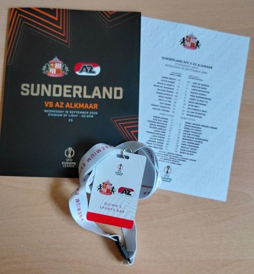 Sunderland v AZ Alkmaar 16/9/2026 ,Programme   Team Sheet & Lanyard