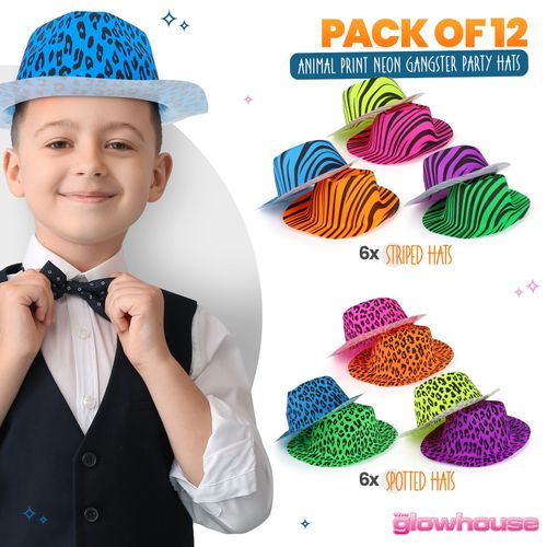 Neon Gangster Hats Party Fancy Dress Animal Print Hat 12 Pack Leopard Zebra — image 2