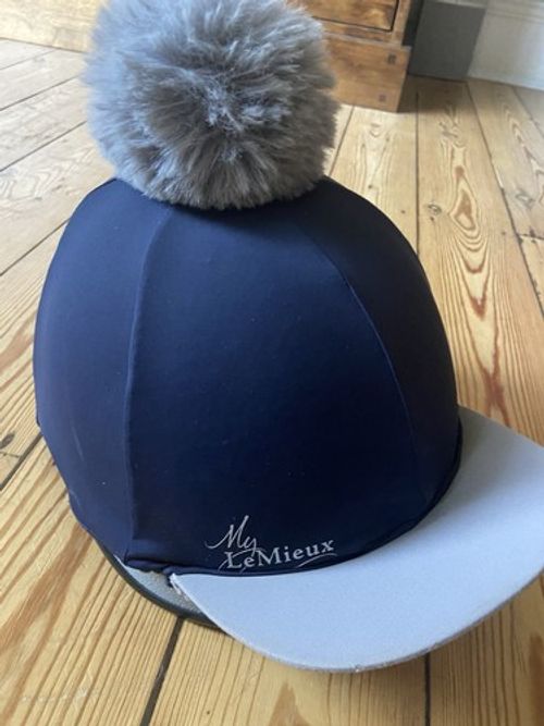 Le Mieux Navy  Hat Silk With Grey Peak & detachable Grey Pompom excellent condit