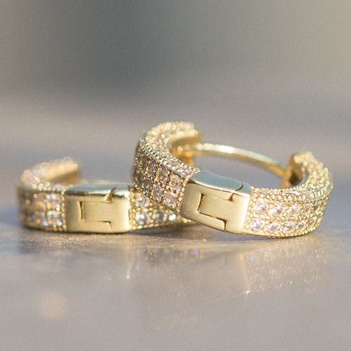 Mens Fully Iced 14K Gold Plated 925 Sterling Silver Post Cz Hoop Earrings
