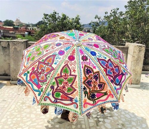 peacock Garden Parasol Embroidered Indian Outdoor Sun Shade Patio Umbrella 72"