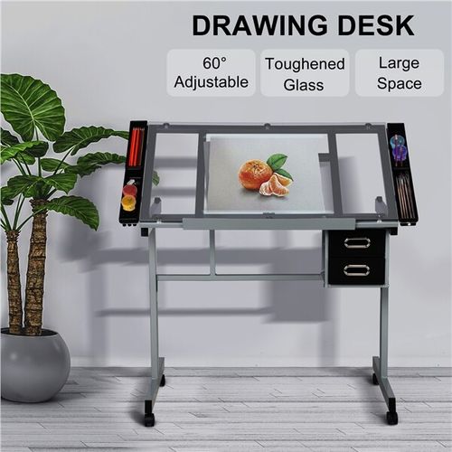 Rolling Drafting Table Angle Adjustable Drawing Artwork Desk with Glass Tabletop — image 3