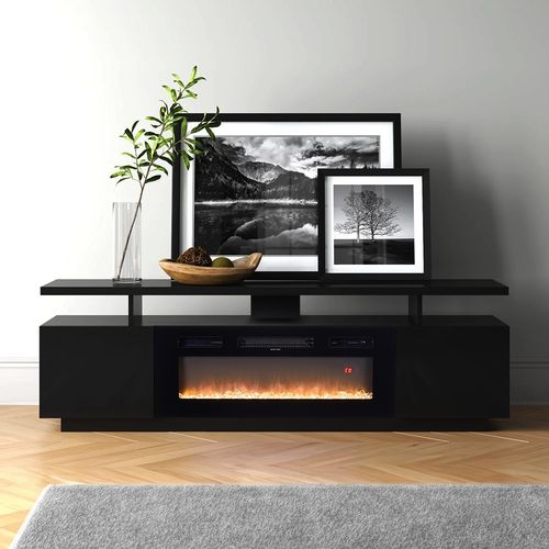 70inch Gloss Black TVs Stand Unit Cabinet with Electric Fireplace & 12 LED Light — image 9