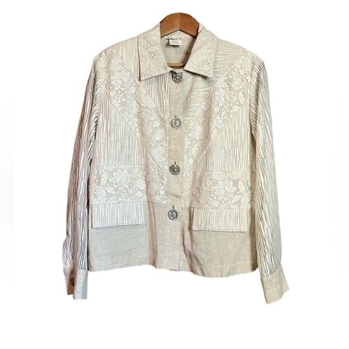 Alexa Em Linen Blend Statement Blazer Lace Trim Floral Buttons Detachable Pads — image 1