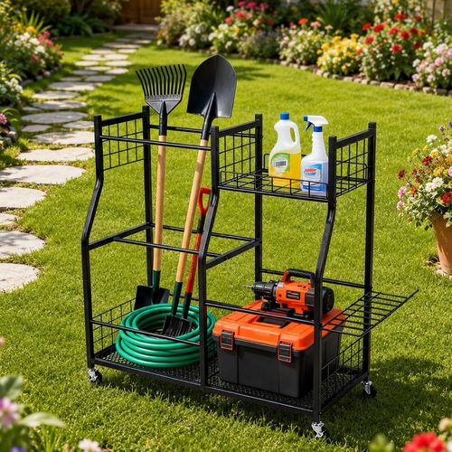 Heavy Duty Storage Rack Garden Tool Organizer with Wheels for Garage & Gardening — image 6
