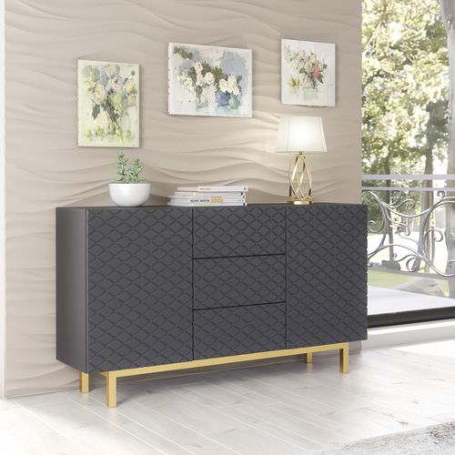 Sideboard Cabinet Diamond Pattern 3 Drawers 2 Doors Grey Gold Legs Storage 140cm — image 7